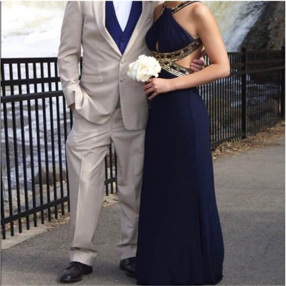 Betsy & Adam Dresses & Skirts - Betsy & Adam Navy Cut Out Gold Sequin Jeweled Homecoming Prom Maxi Dress Size 4